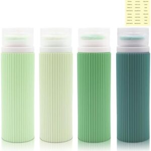 Travel Bottles Set of 4 100 ml Travel Bottles with Labels Travel Accessories Silicone Bottles Travel Camping Silicone Travel Bottle for Shampoo Sunscreen Body Lotions Conditioner Lotion (Green)