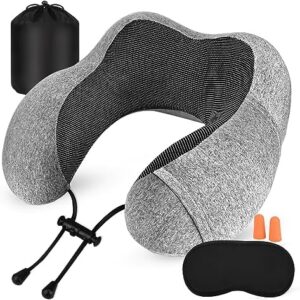 Riqiaqia Travel Pillow, Neck Pillow, Memory Foam, Neck Pillow Travel with Sleep Mask, Earplugs, Bag, Soft Pillow for Sleep, Plane, Car and Home (Grey)