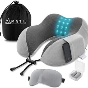 MNT10 Travel Neck Pillow with Soft Memory Foam, Travel Pillow for Airplane, Car, Camping, Neck Pillow, Memory Foam + Free Sleeping Mask, Ear Plugs and Carry Bag, gray, travel pillow
